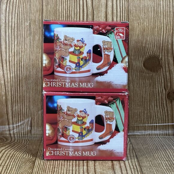 Vintage Alco Fancy Handle Teddy Bear Ceramic Christmas Mug in Box Set Of 2 - Picture 8 of 8